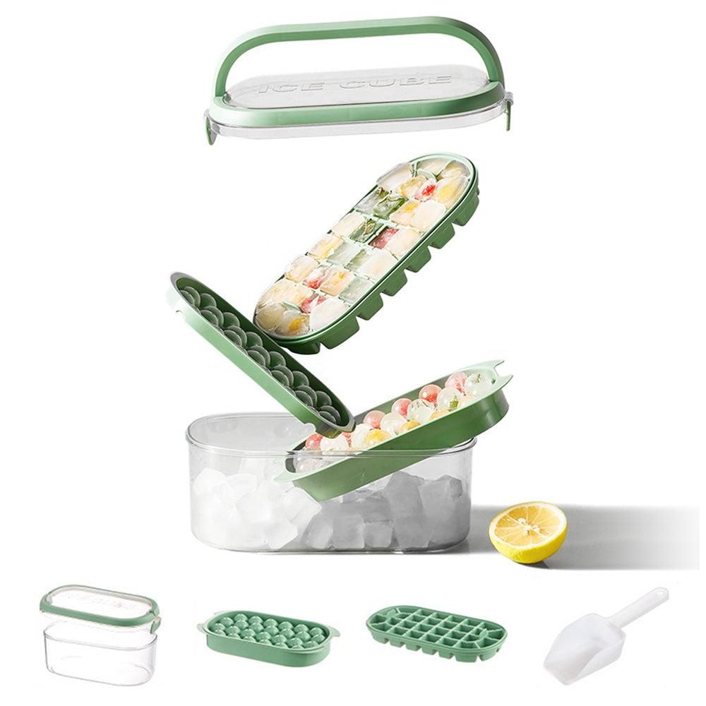 2-Tier Ice Cube Tray Mold with Press-Release Lid & Storage Box for Kitchen Beige V1263-JX-7139