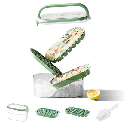 2-Tier Ice Cube Tray Mold with Press-Release Lid & Storage Box for Kitchen Beige V1263-JX-7139