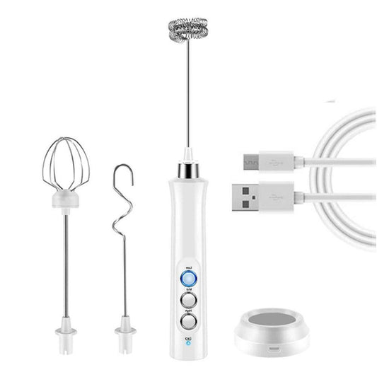 3 in 1 Handheld Electric Milk Frother USB Rechargeable Drink Coffee Mixer Foam Maker with 3 Whisks-White V1263-JX-7140-1