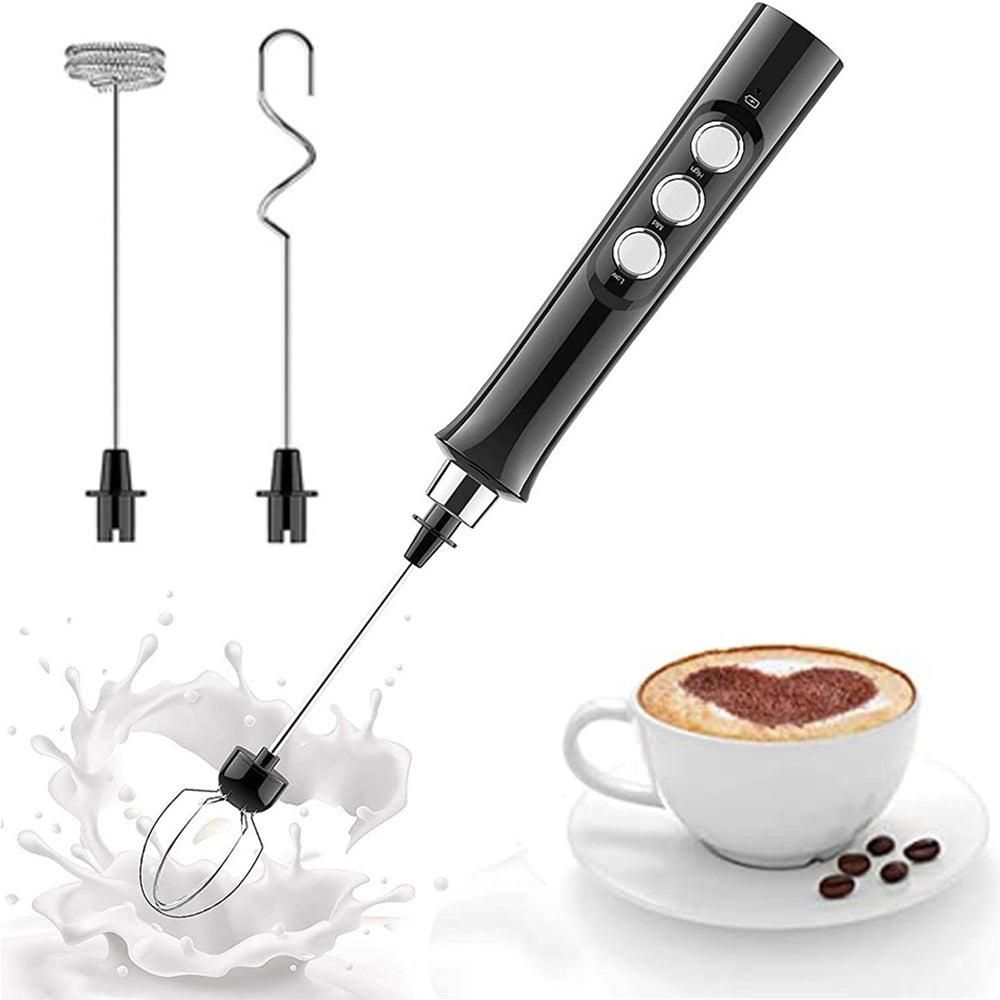3 in 1 Handheld Electric Milk Frother USB Rechargeable Drink Coffee Mixer Foam Maker with 3 Whisks-Black V1263-JX-7140-2