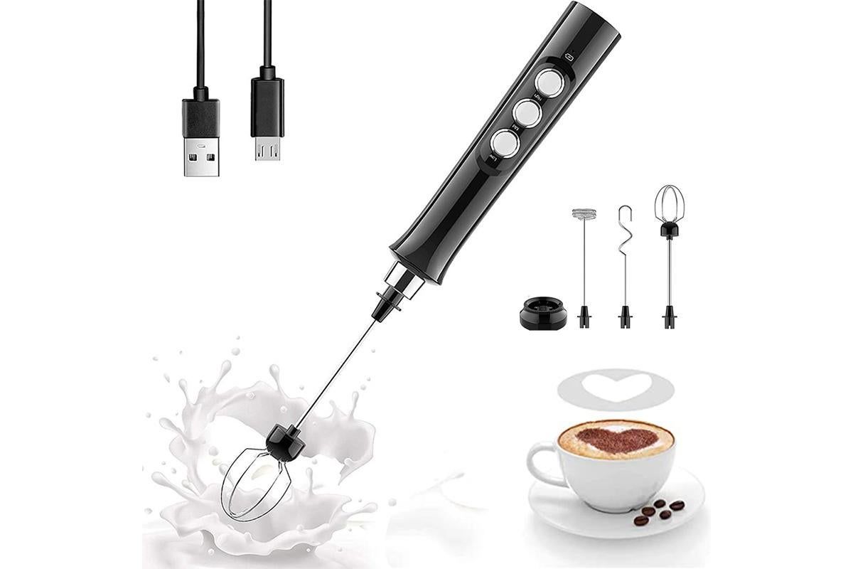3 in 1 Handheld Electric Milk Frother USB Rechargeable Drink Coffee Mixer Foam Maker with 3 Whisks-Black V1263-JX-7140-2