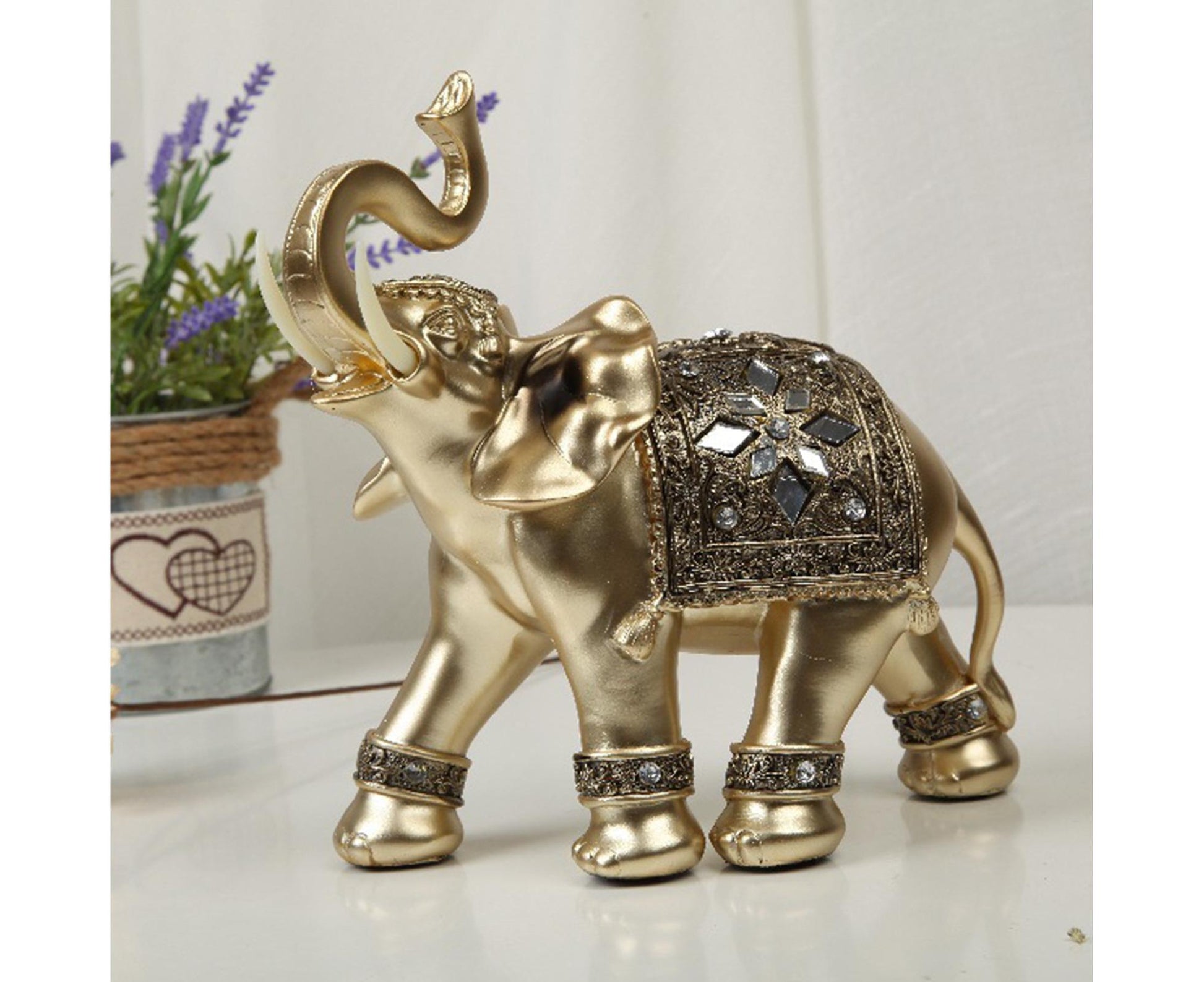 Eye-catching Elephant Figurine Fine Symbol Resin Elegant Elephant Trunk Sculpture for Home-Golden S V1263-JX-718
