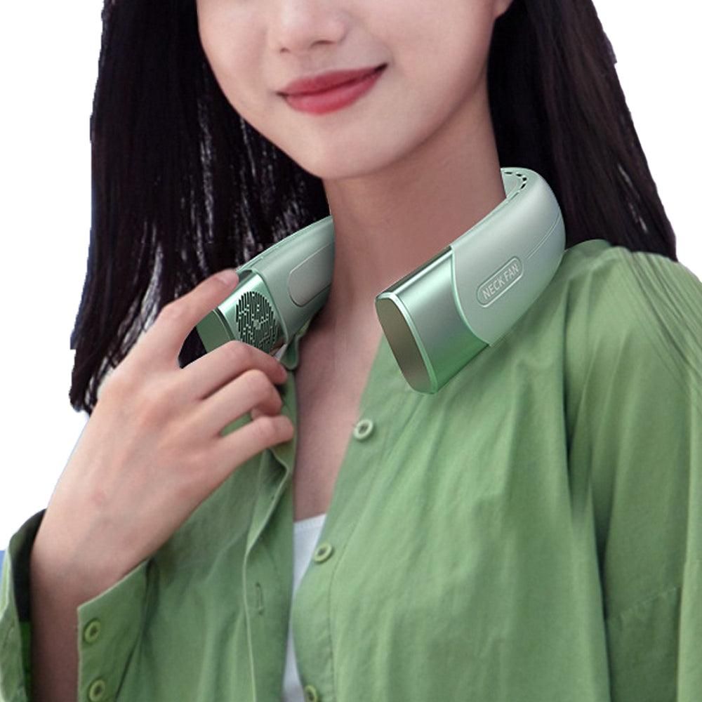 Hanging Neck Fan Wearable Bladeless Fan USB Rechargeable Cooling Fan with 5 Speed Adjustment Green V1263-JX-7213-1