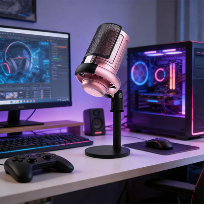 USB Condenser Gaming Microphone with RGB Lighting Adjustable Stand for Recording Streaming Pink V1263-JX-7251-1