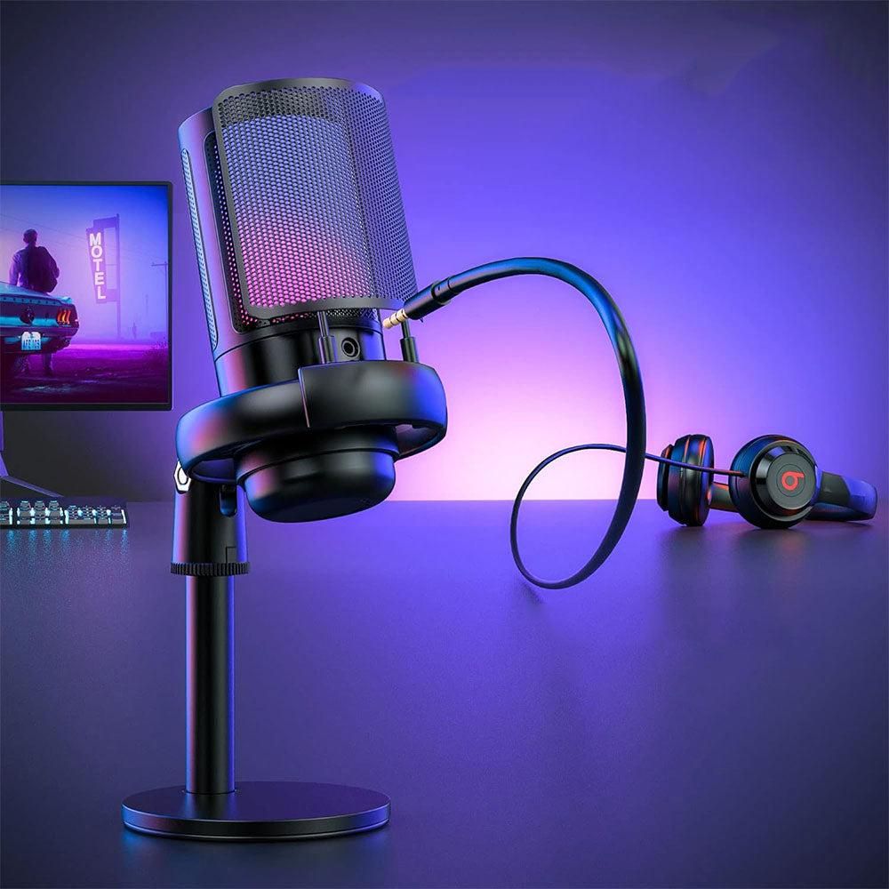 USB Condenser Gaming Microphone with RGB Lighting Adjustable Stand for Recording Streaming Black V1263-JX-7251-2