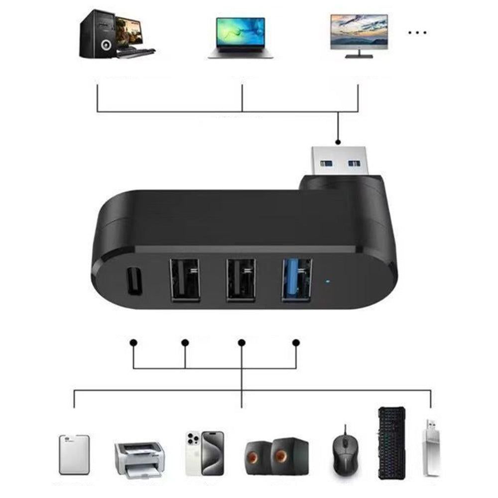 4-Port USB 3.0 Hub 180-Degree Rotating USB Splitter for Laptop Car Black V1263-JX-7253-1