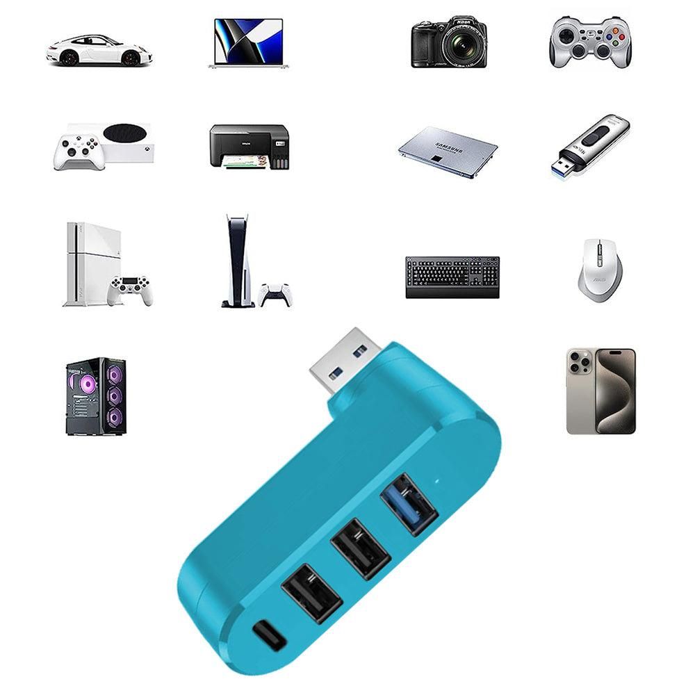 4-Port USB 3.0 Hub 180-Degree Rotating USB Splitter for Laptop Car Blue V1263-JX-7253-2