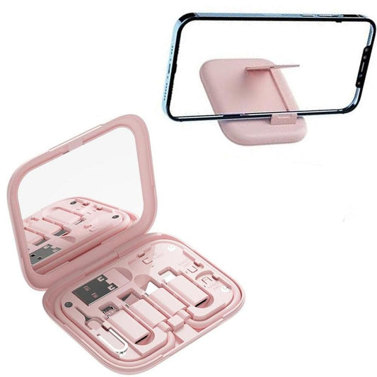 6-in-1 Cable Organizer Multifunctional Storage Box with Mirror for Travel Pink V1263-JX-7254-1