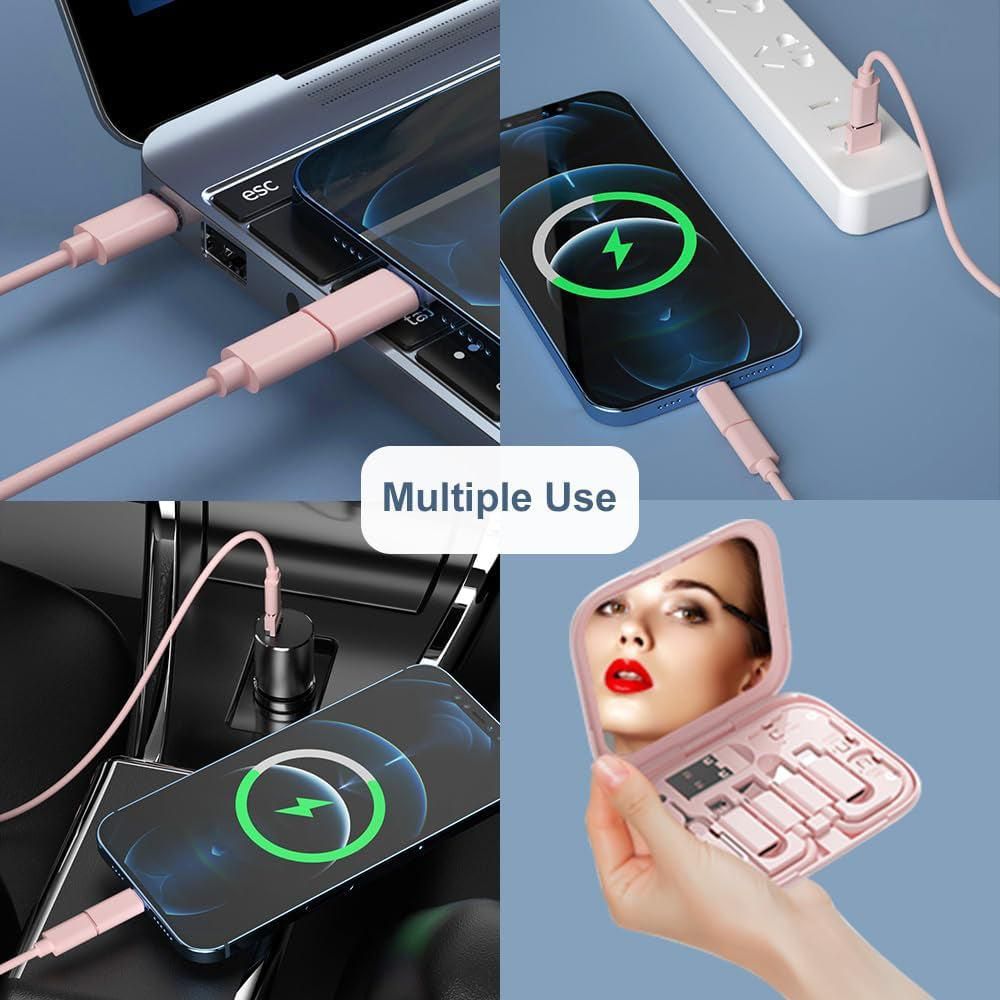 6-in-1 Cable Organizer Multifunctional Storage Box with Mirror for Travel Pink V1263-JX-7254-1