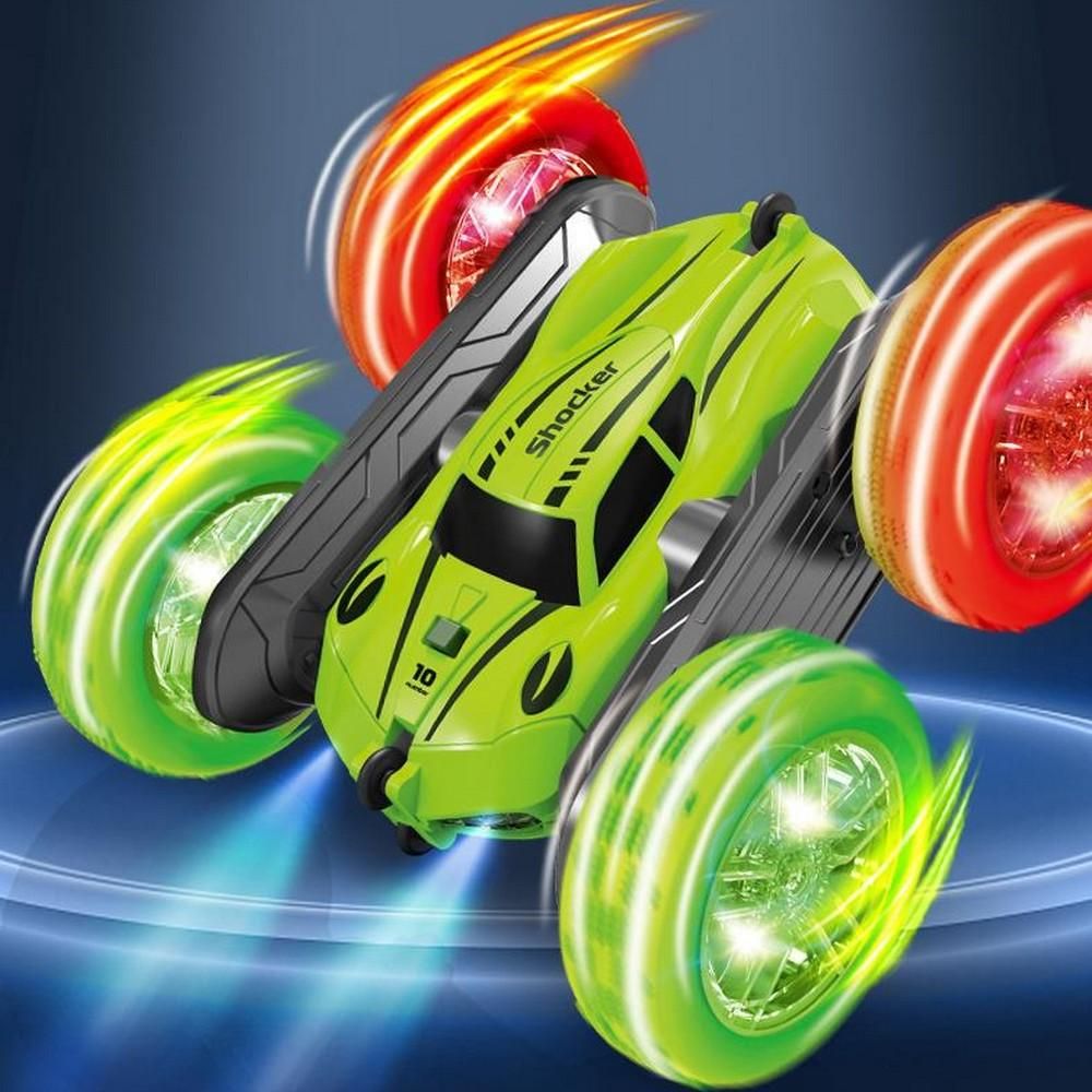 2.4 GHZ Remote Control Stunt Car 4WD Double Sided Rotating Crawler with Headlights Green V1263-JX-7290-1