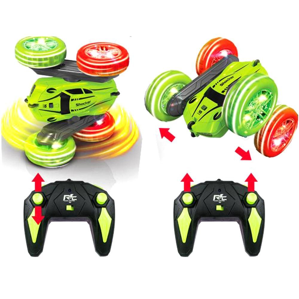 2.4 GHZ Remote Control Stunt Car 4WD Double Sided Rotating Crawler with Headlights Green V1263-JX-7290-1