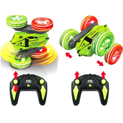 2.4 GHZ Remote Control Stunt Car 4WD Double Sided Rotating Crawler with Headlights Green V1263-JX-7290-1