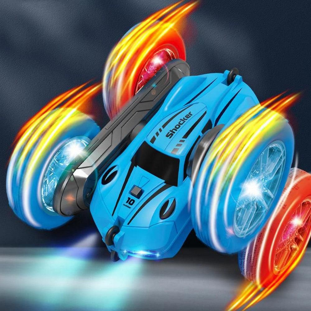 2.4 GHZ Remote Control Stunt Car 4WD Double Sided Rotating Crawler with Headlights Blue V1263-JX-7290-2