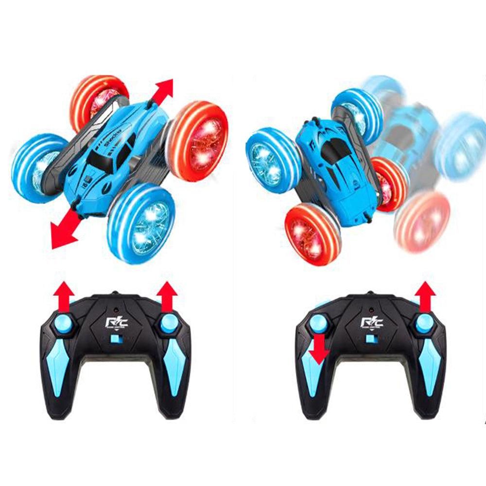 2.4 GHZ Remote Control Stunt Car 4WD Double Sided Rotating Crawler with Headlights Blue V1263-JX-7290-2