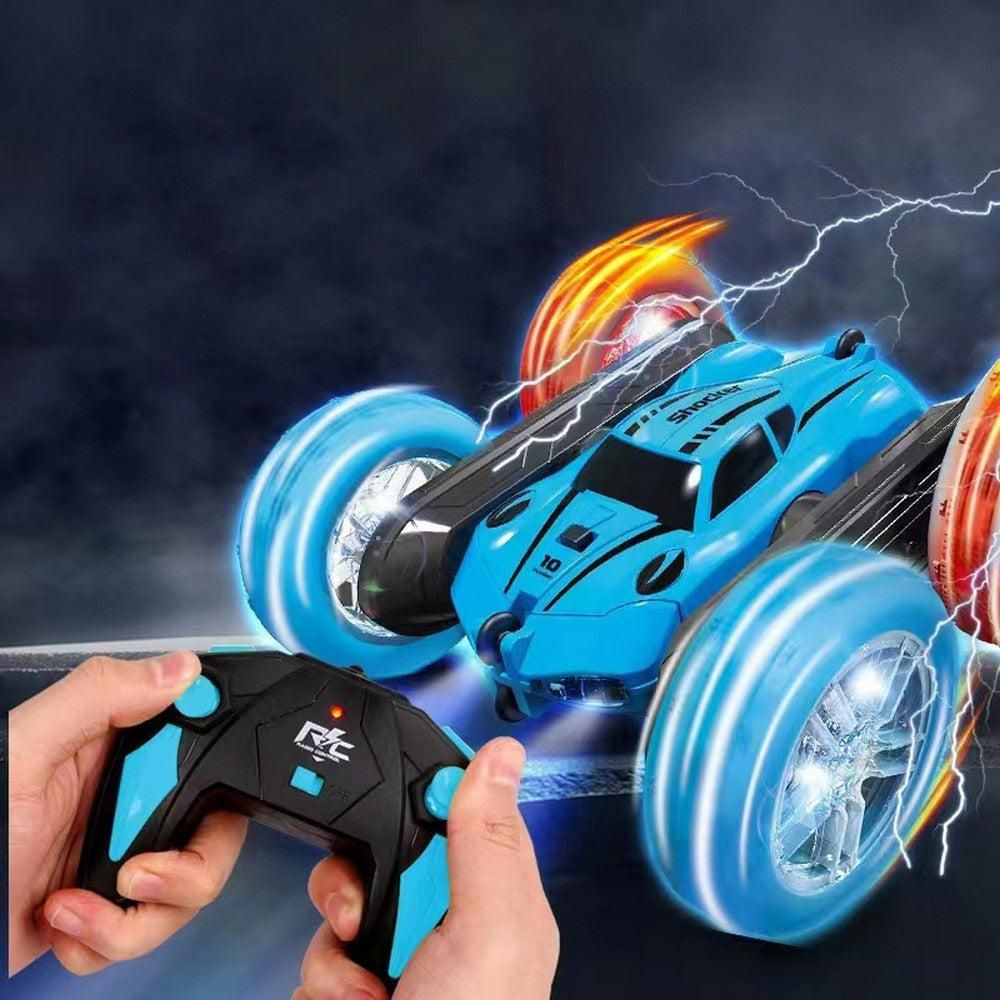 2.4 GHZ Remote Control Stunt Car 4WD Double Sided Rotating Crawler with Headlights Blue V1263-JX-7290-2