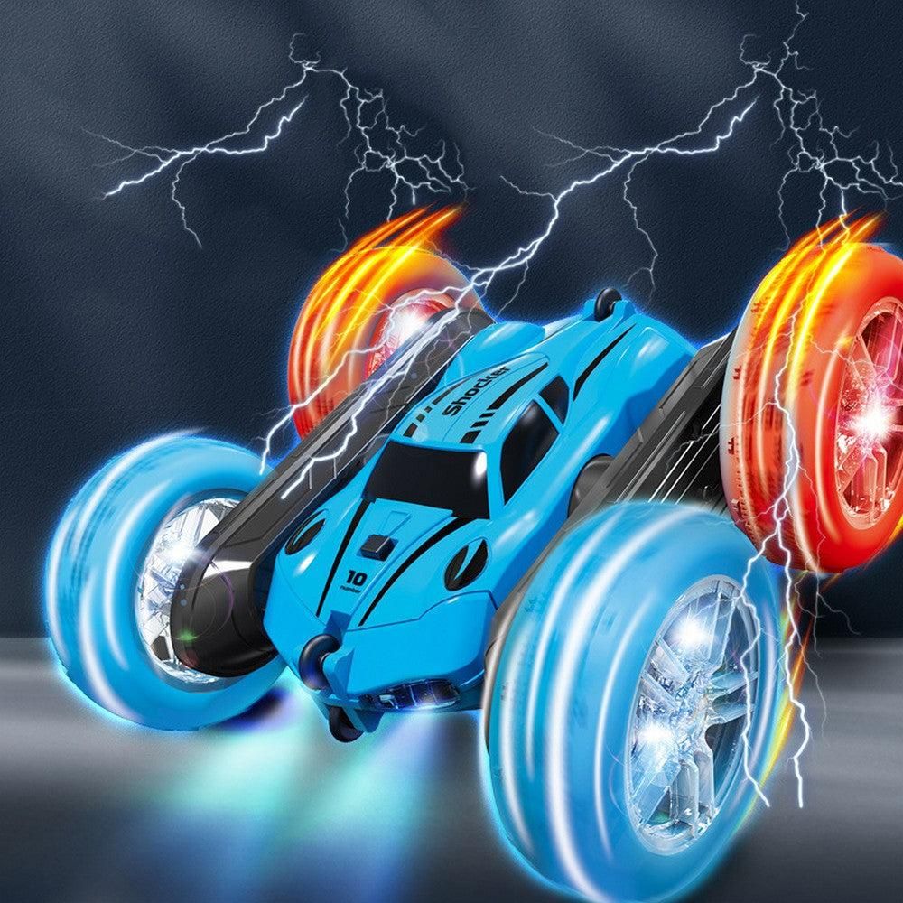 2.4 GHZ Remote Control Stunt Car 4WD Double Sided Rotating Crawler with Headlights Blue V1263-JX-7290-2