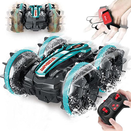 2.4Ghz Remote Control Gesture Sensor Toy Car Boat Truck 4WD Waterproof RC Amphibious Vehicle-Blue V1263-JX-7291