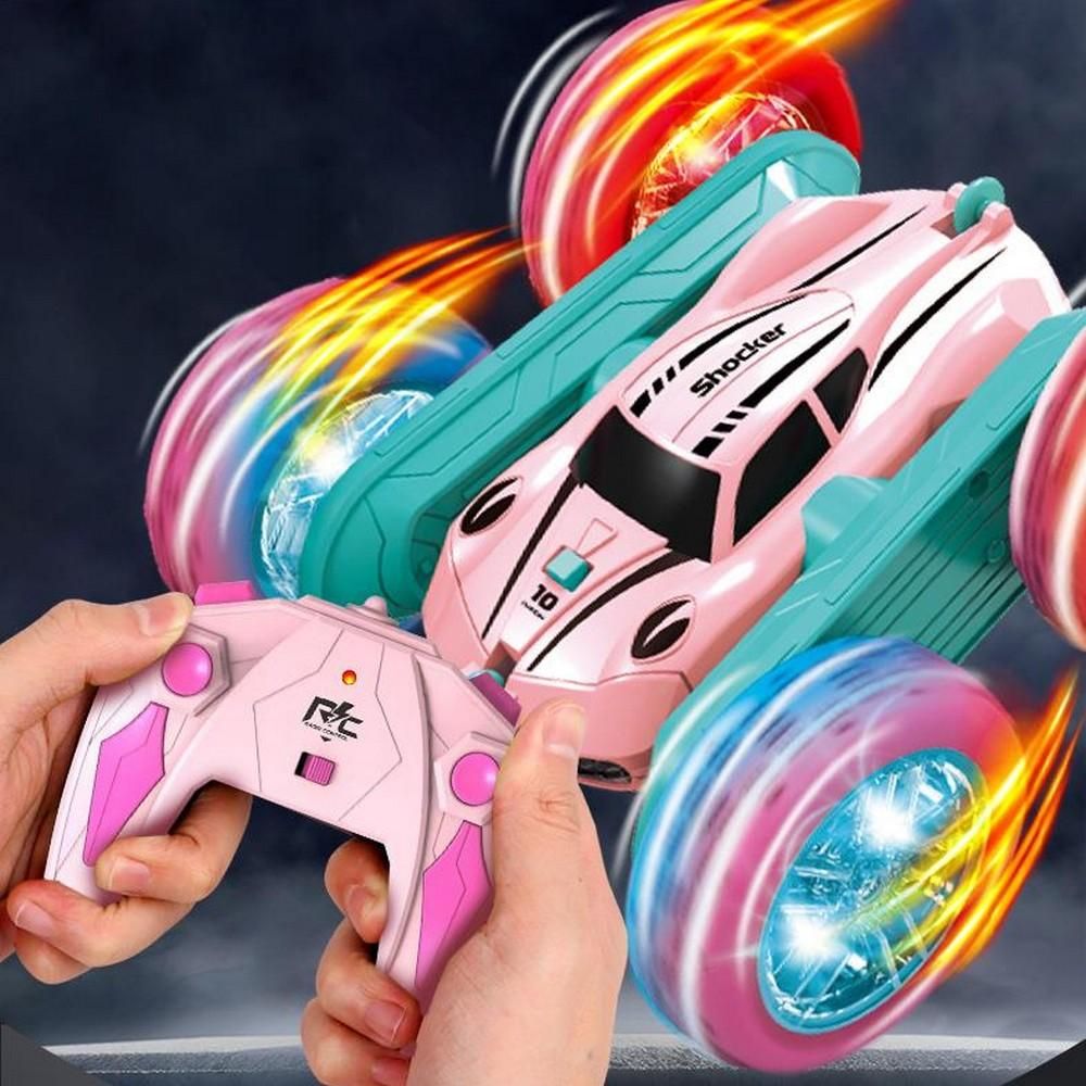2.4 GHZ Remote Control Stunt Car 4WD Double Sided Rotating Crawler with Headlights Pink V1263-JX-7292