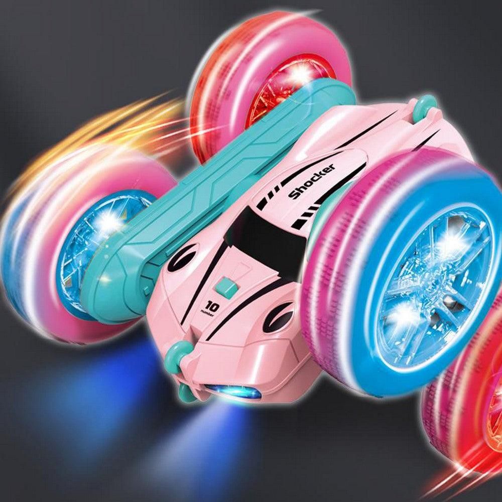 2.4 GHZ Remote Control Stunt Car 4WD Double Sided Rotating Crawler with Headlights Pink V1263-JX-7292
