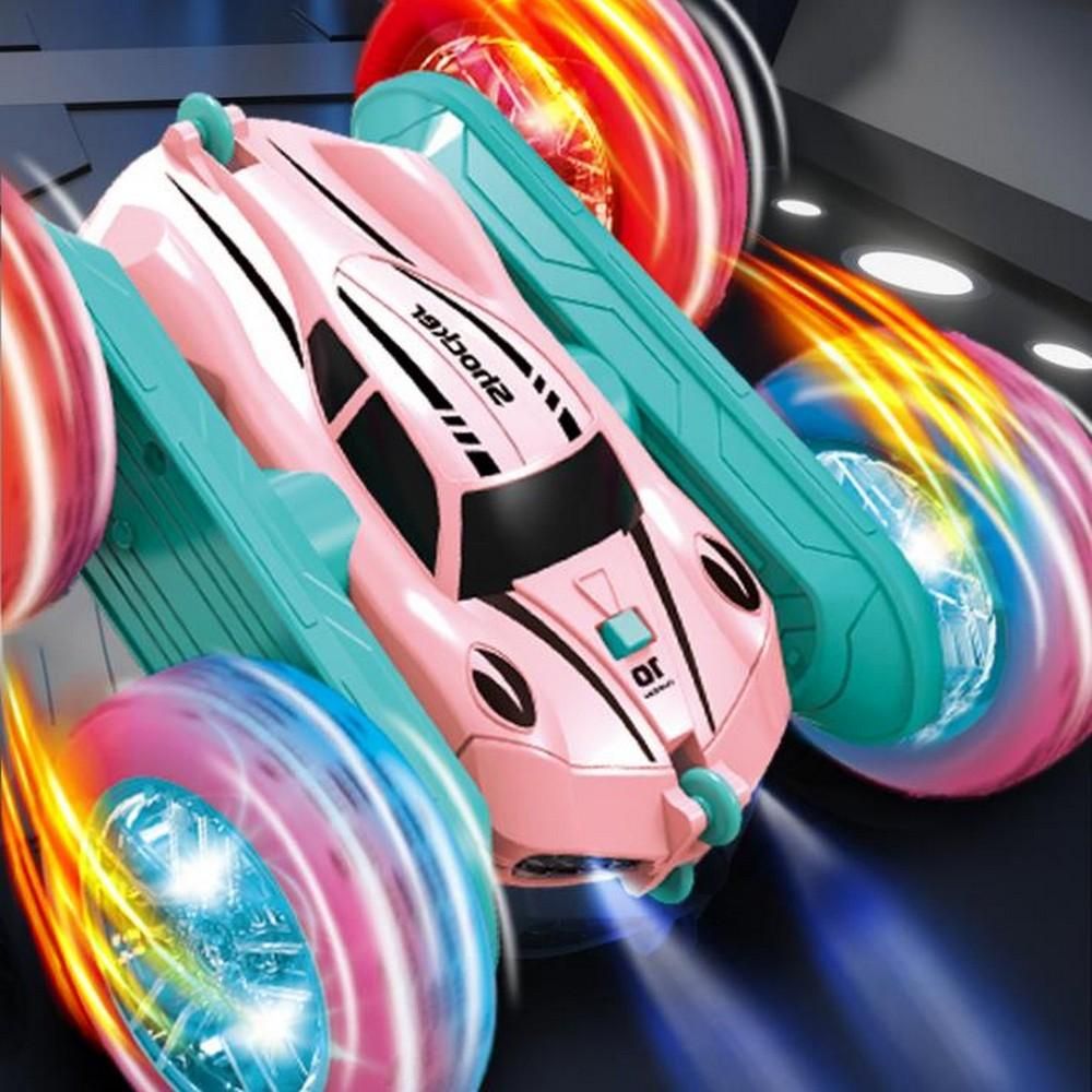 2.4 GHZ Remote Control Stunt Car 4WD Double Sided Rotating Crawler with Headlights Pink V1263-JX-7292
