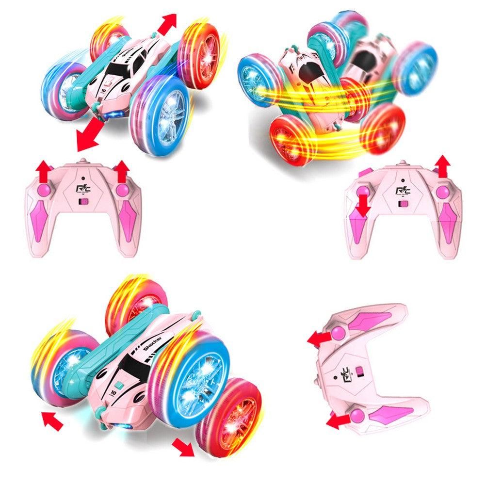 2.4 GHZ Remote Control Stunt Car 4WD Double Sided Rotating Crawler with Headlights Pink V1263-JX-7292