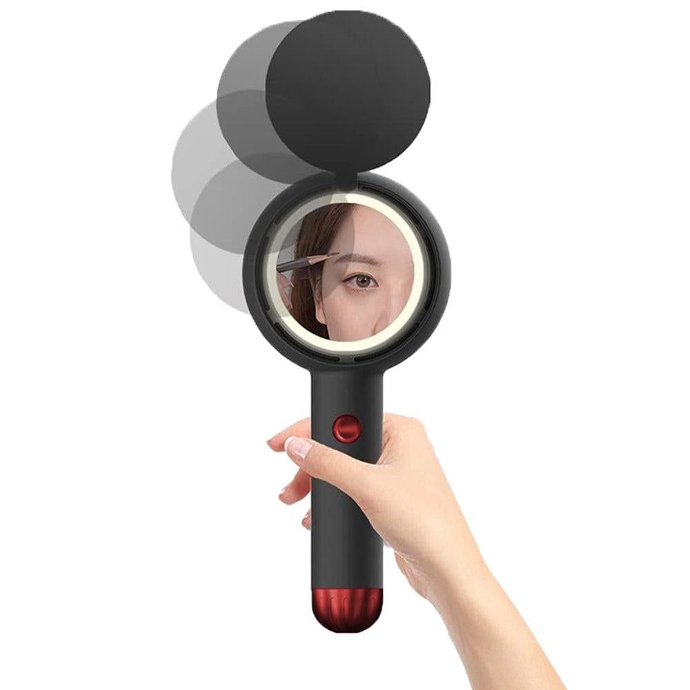 Mini Handheld Fan with LED Light Makeup Mirror Rechargeable Portable Fan Black V1263-JX-7309-1