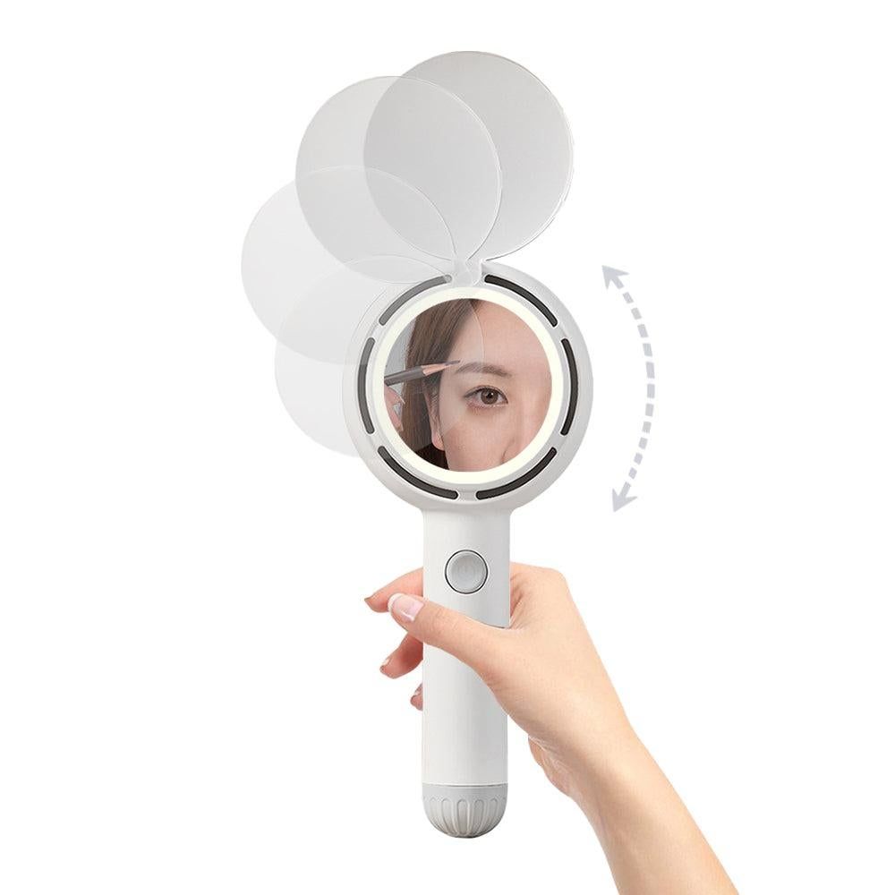 Mini Handheld Fan with LED Light Makeup Mirror Rechargeable Portable Fan White V1263-JX-7309-2