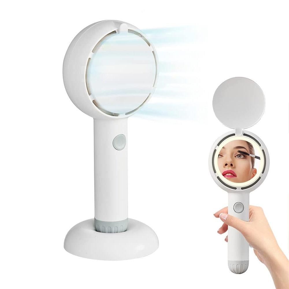 Mini Handheld Fan with LED Light Makeup Mirror Rechargeable Portable Fan White V1263-JX-7309-2