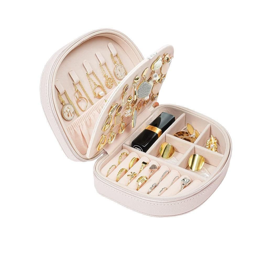 Portable Double Layer Jewelry Organizer Box PU Leather Jewelry Storage Case Apricot V1263-JX-7329-1