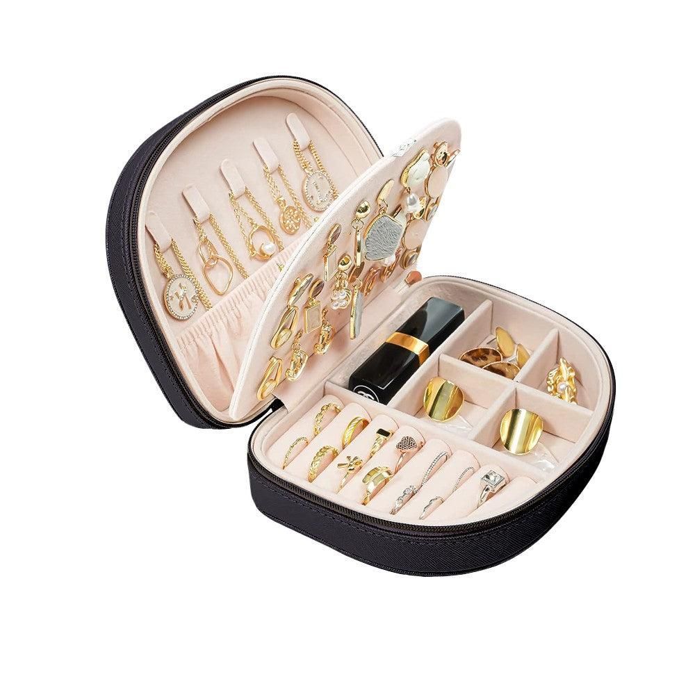 Portable Double Layer Jewelry Organizer Box PU Leather Jewelry Storage Case Black V1263-JX-7329-3