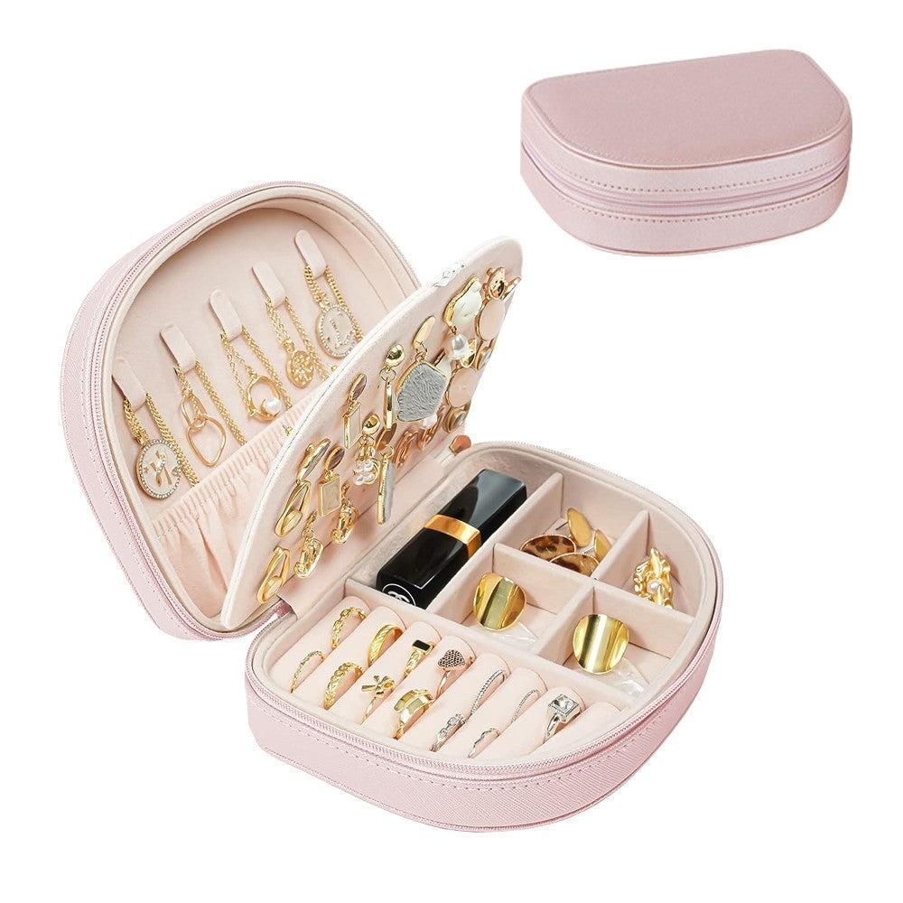 Portable Double Layer Jewelry Organizer Box PU Leather Jewelry Storage Case Pink V1263-JX-7329-4