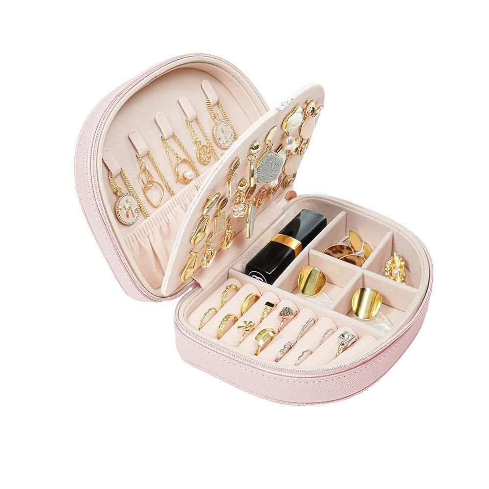 Portable Double Layer Jewelry Organizer Box PU Leather Jewelry Storage Case Pink V1263-JX-7329-4