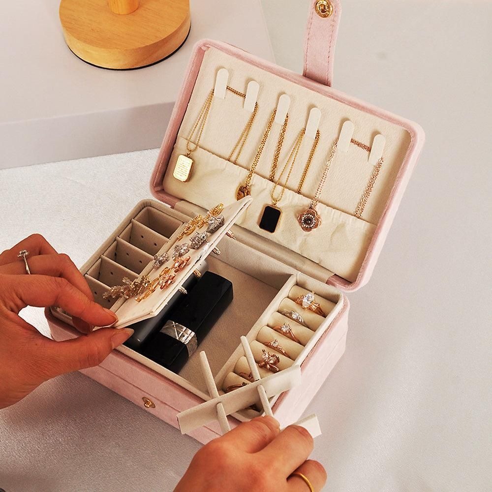Portable Jewelry Box Storage Organizer for Rings Necklaces & Earrings Pink V1263-JX-7330-1
