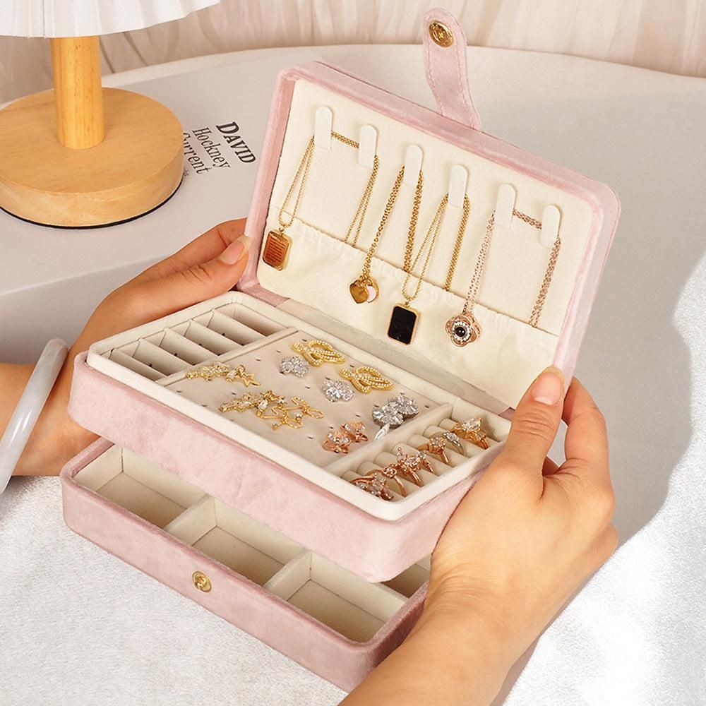 Portable Jewelry Box Storage Organizer for Rings Necklaces & Earrings Pink V1263-JX-7330-1
