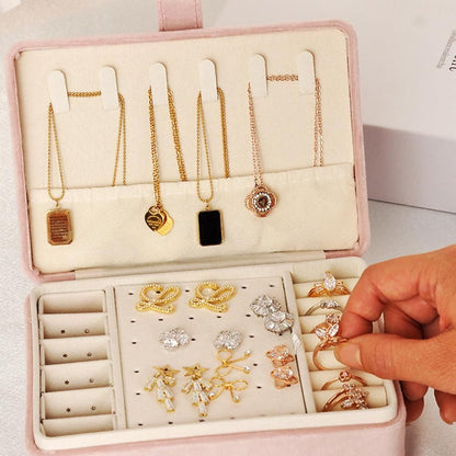 Portable Jewelry Box Storage Organizer for Rings Necklaces & Earrings Pink V1263-JX-7330-1