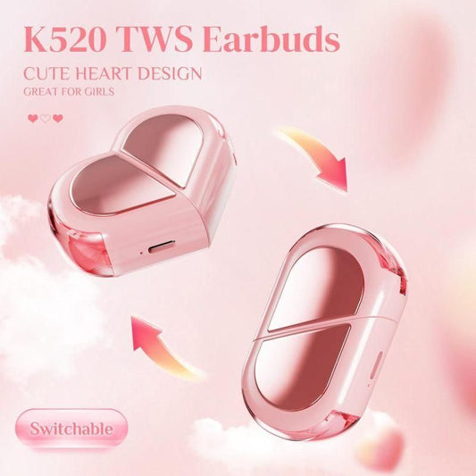 K520 deformable cute heart-shaped bluetooth headset tws compact stereo - pink V1263-JX-7350-3