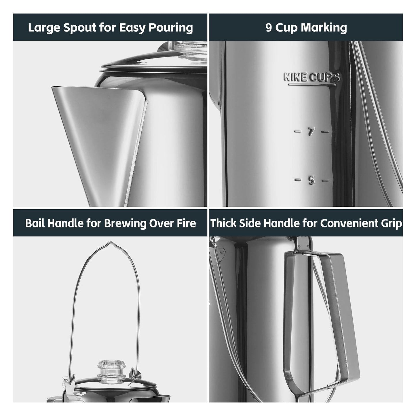 1.2L 9-Cup Stainless Steel Camping Percolator Coffee Pot Stovetop Coffee Maker 1Pc V1263-JX-7360