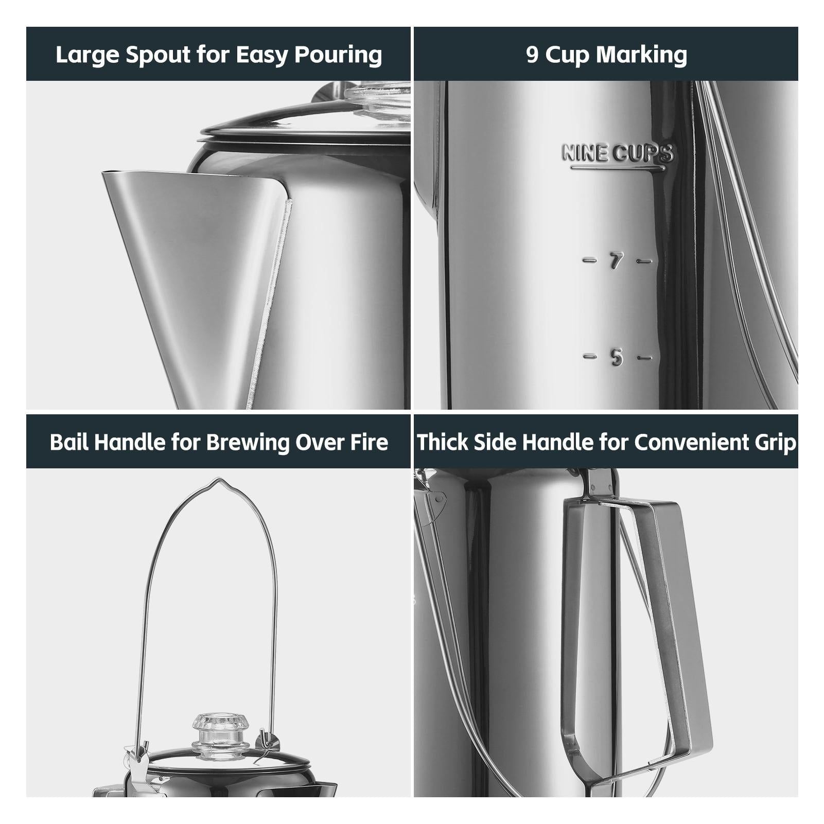 1.2L 9-Cup Stainless Steel Camping Percolator Coffee Pot Stovetop Coffee Maker 1Pc V1263-JX-7360