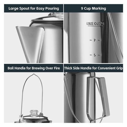 1.2L 9-Cup Stainless Steel Camping Percolator Coffee Pot Stovetop Coffee Maker 1Pc V1263-JX-7360
