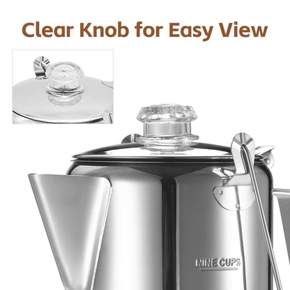 1.2L 9-Cup Stainless Steel Camping Percolator Coffee Pot Stovetop Coffee Maker 1Pc V1263-JX-7360