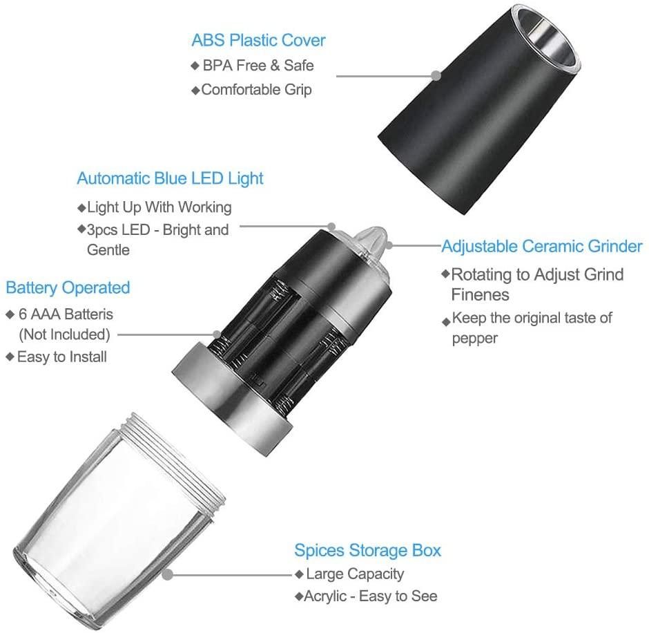 2PACK Gravity Electric Pepper and Salt Grinder Set Stainless Steel Black V1263-JX-7362