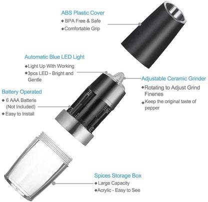 2PACK Gravity Electric Pepper and Salt Grinder Set Stainless Steel Black V1263-JX-7362