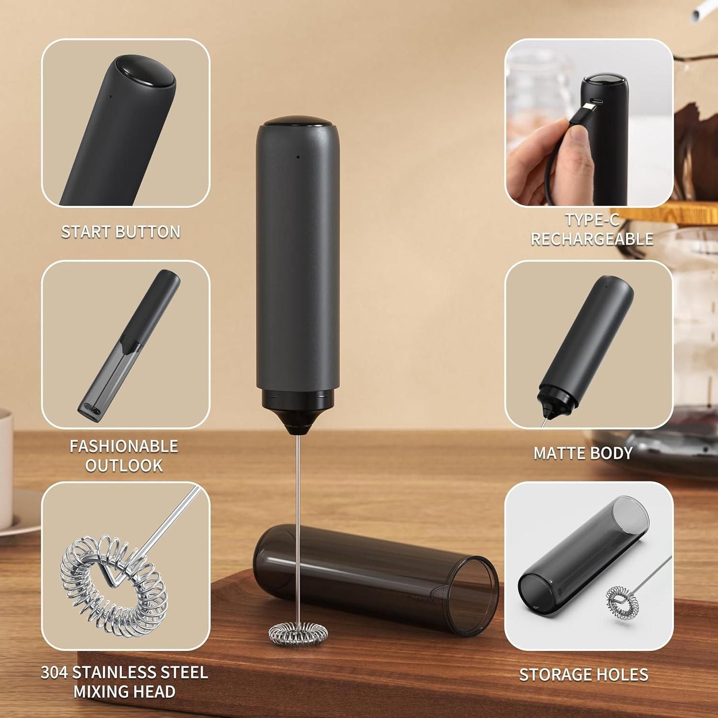 Electric Rechargeable Milk Mixer Handheld Frother USB Charging Black 1pc V1263-JX-7368