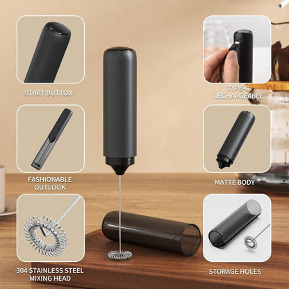 Electric Rechargeable Milk Mixer Handheld Frother USB Charging Black 1pc V1263-JX-7368