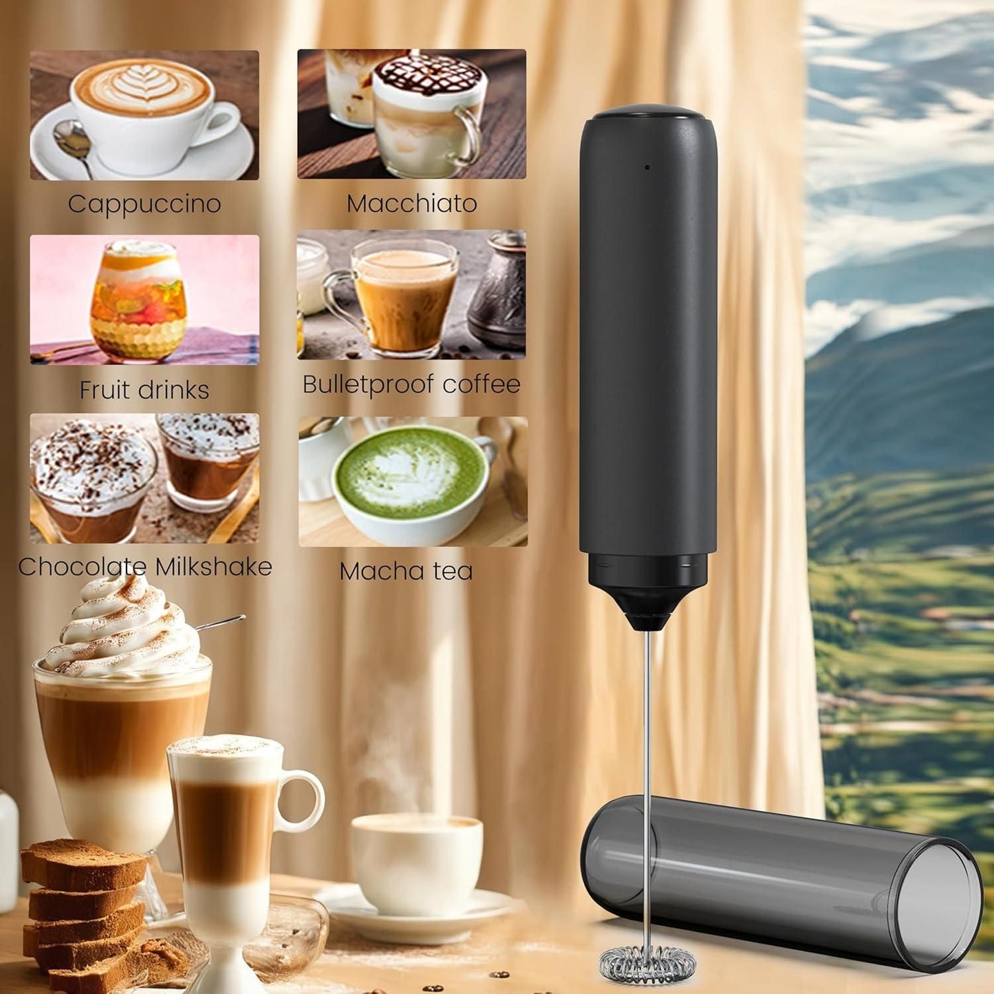 Electric Rechargeable Milk Mixer Handheld Frother USB Charging Black 1pc V1263-JX-7368
