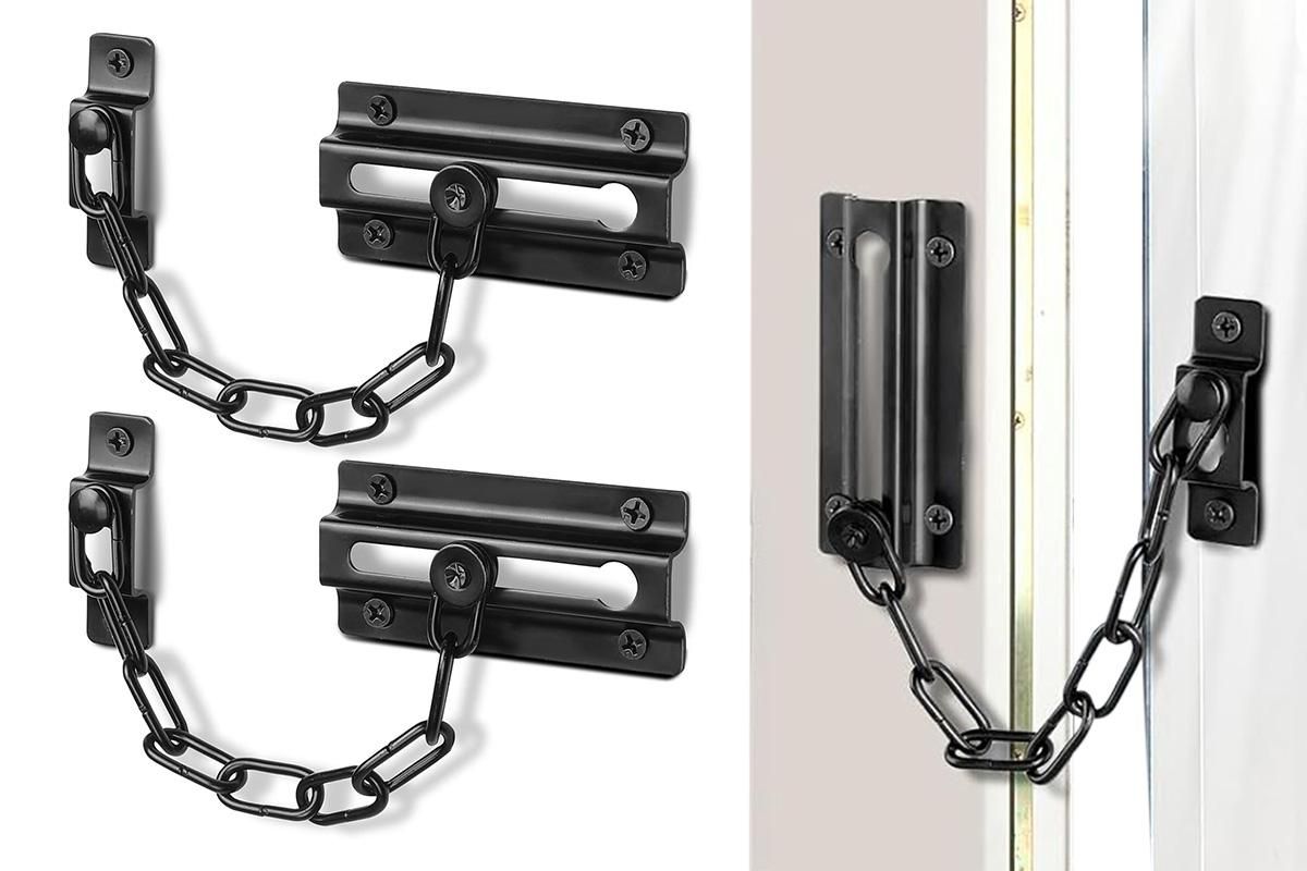2Pcs Door Security Chain Lock Door Chain Lock with 12 Screws for Wood Door-Black V1263-JX-7439-2