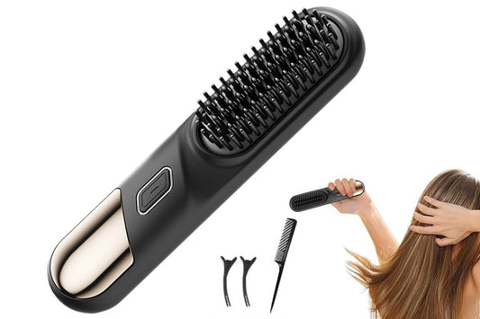 Cordless Hair Straightener Brush Mini Hot Comb for Women Anti-Scald Protection -Black V1263-JX-7468-1