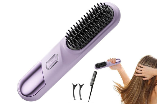 Cordless Hair Straightener Brush Mini Hot Comb for Women Anti-Scald Protection -Purple V1263-JX-7468-2