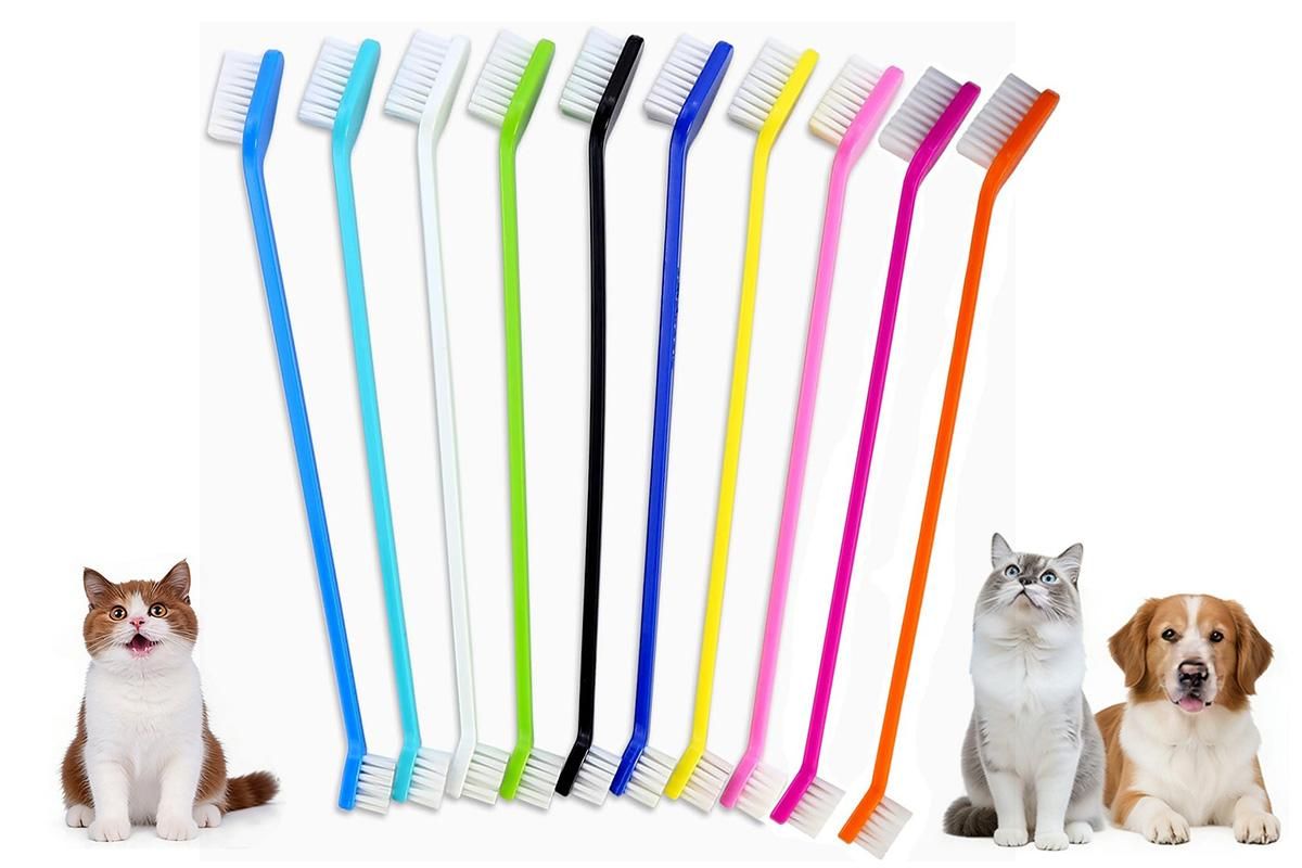 10 Pcs Pet Toothbrush Dual-End Long Handle for Dogs Cats V1263-JX-7498