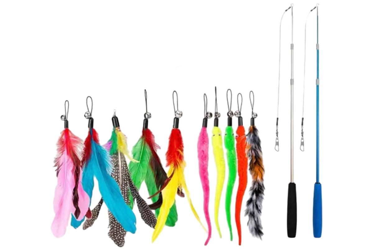 12Pcs Kitten Cat Feather Toy Bell Wand Teaser Rod Interactive Play Pet Toy V1263-JX-7499
